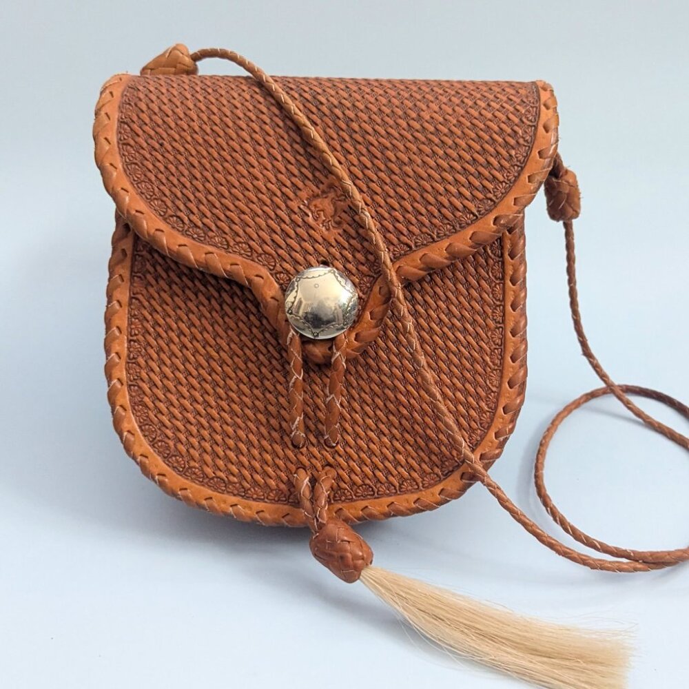 Tooled Leather Purse Hand Laced Embossed Crossbody Saddle Bag Horsehair Tassle